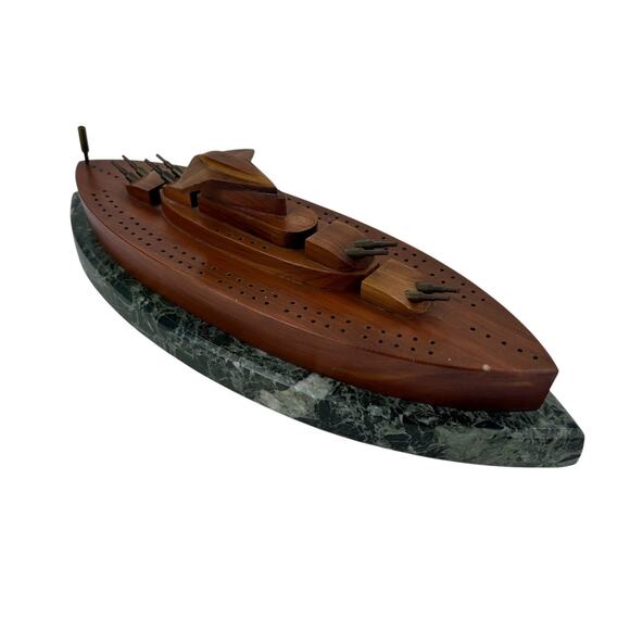 Vintage Wood Battle Ship Shaped Cribbage Board Game on Marble Base Cannon Pegs - Picture 4 of 11